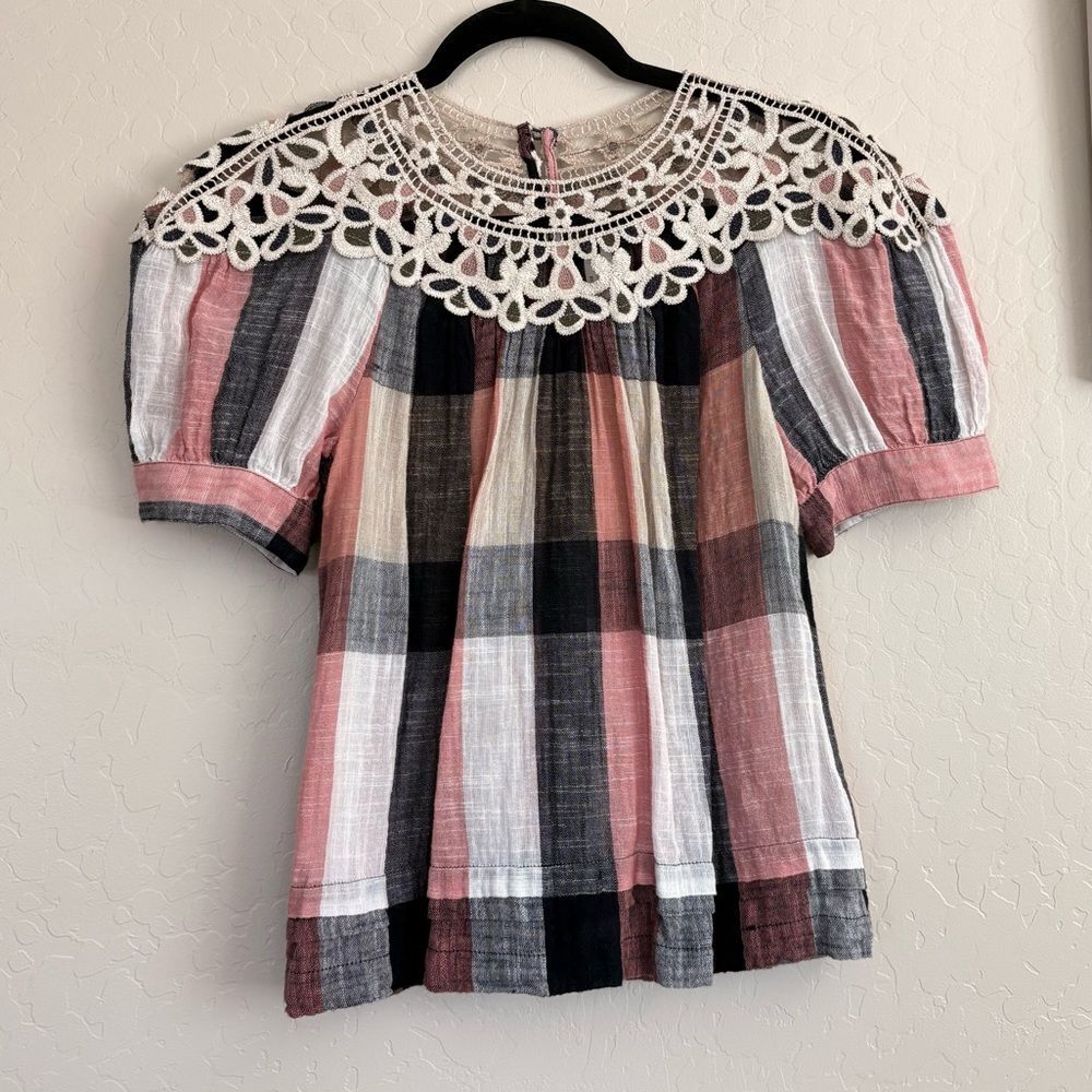 Anthropologie Plaid Boho Crochet Embroidered Swing Blouse Cottage Prairie XS - Picture 2 of 10
